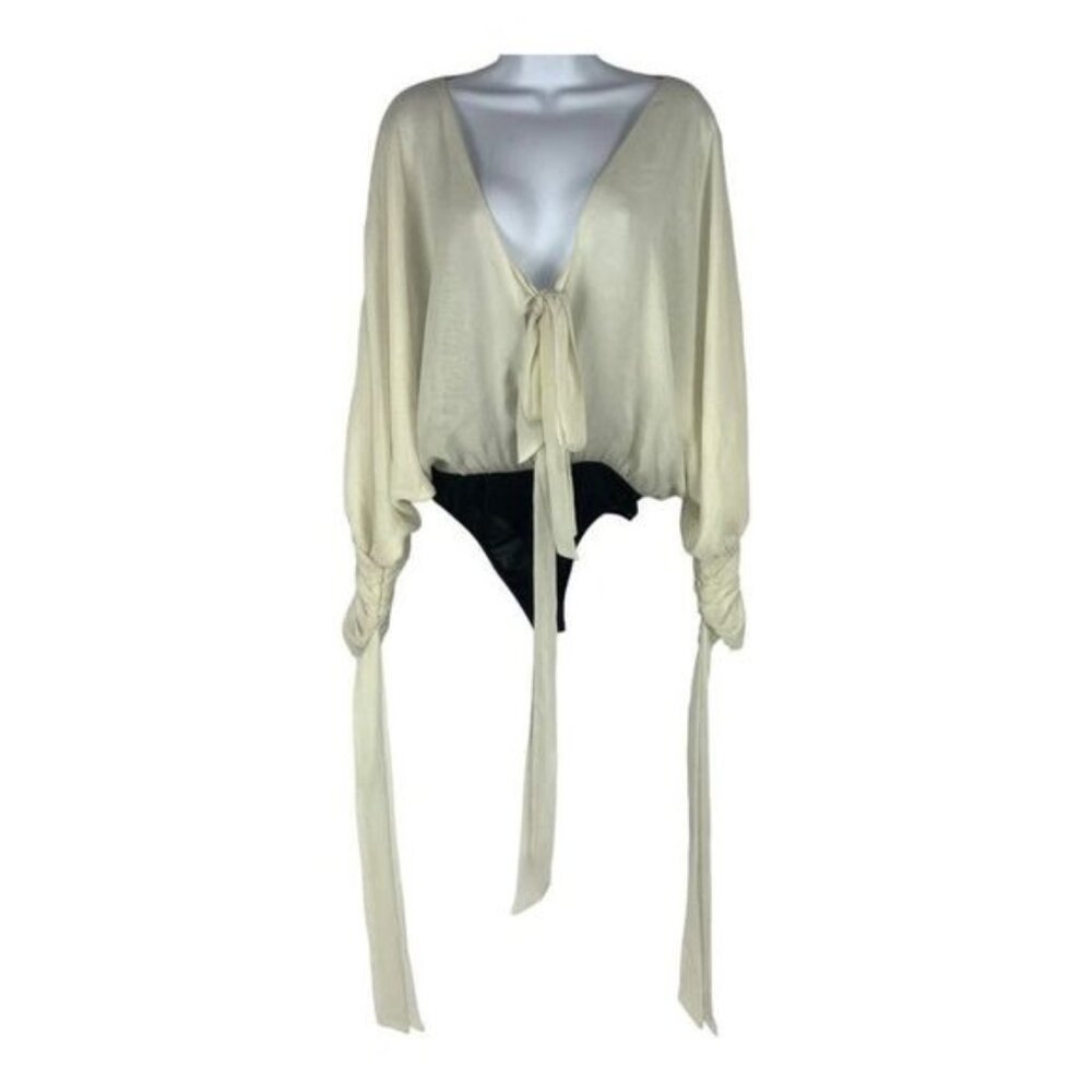Nasty Gal Collection XS Chiffon Tie-Front Bodysuit Ivory & Black Long Sleeves